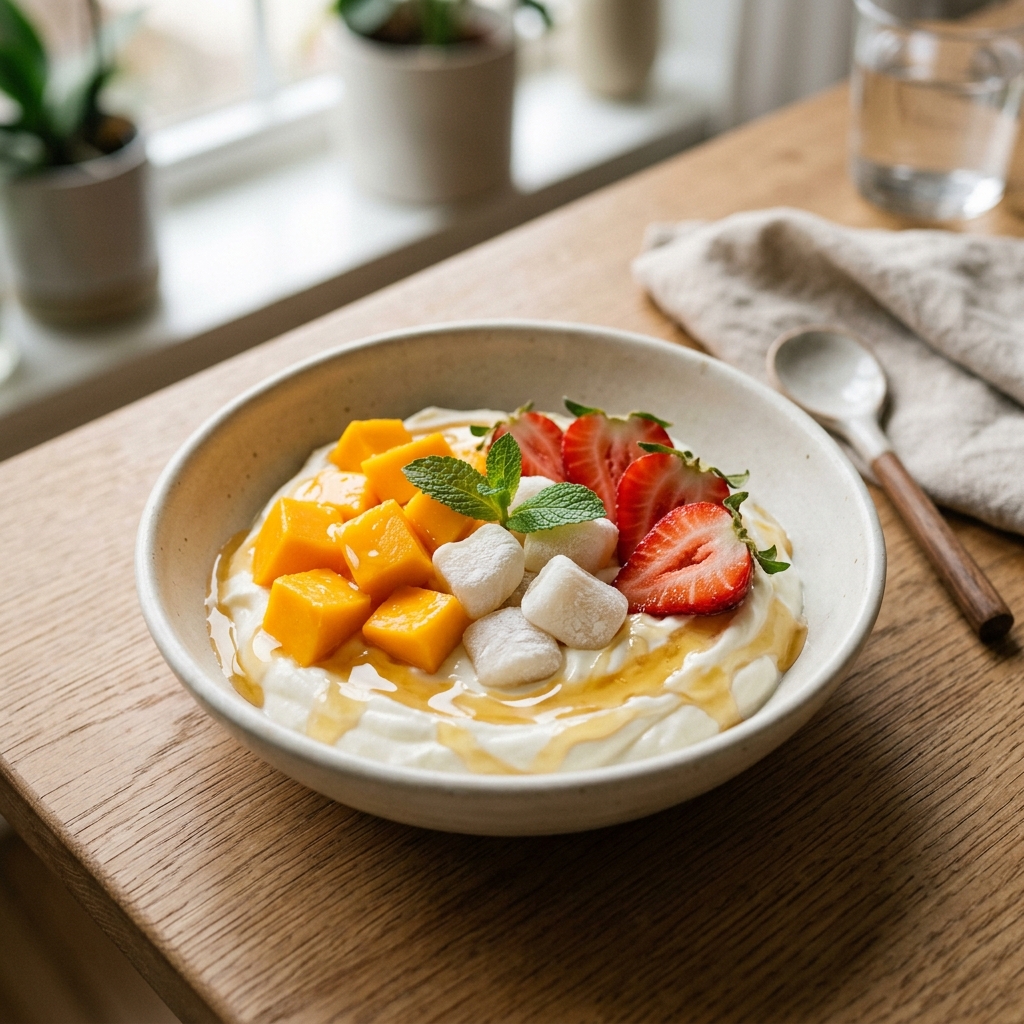 Postre estilo Mochi con base de yogur griego, frutas y miel